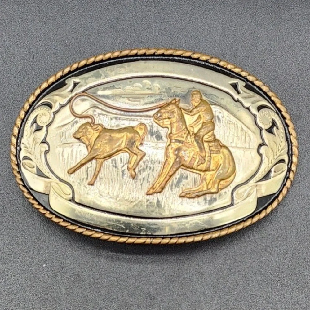 Comstock Silvermiths Gold Cowboy Roping Belt Buckle Western Rodeo German Silver